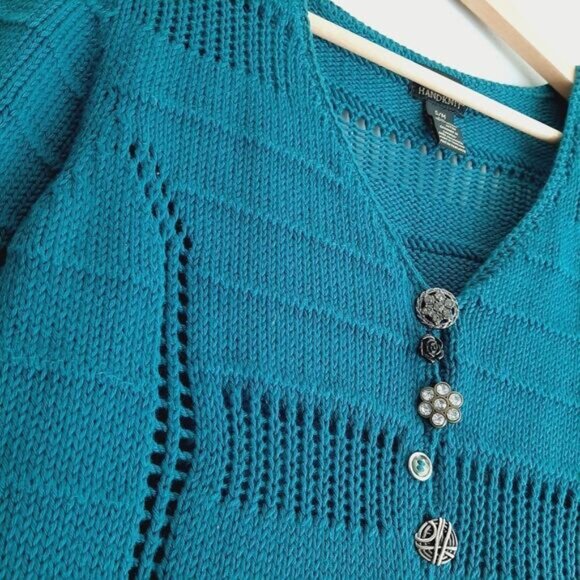 PURE HANDKNIT | Boho Pattern Knit Cardigan Button-Up Sweater Teal Blue Sz S / M - Picture 8 of 13
